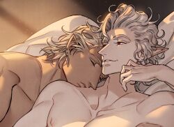 2boys astarion baldur&#039;s_gate baldur&#039;s_gate_3 blonde_hair couple dark-skinned_male dark_skin dungeons_&amp;_dragons dungeons_&amp;_dragons looking_at_another male_focus multiple_boys red_eyes short_hair sleeping tav_(baldur&#039;s_gate) white_hair wild5lee yaoi