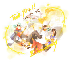 4boys 4girls anniversary black_coat black_mage_(final_fantasy) black_shoes blonde_hair blue_eyes blue_hair bow character_request chibi chibi_inset closed_mouth coat commentary_request copyright_request crossover dress eiko_carol final_fantasy final_fantasy_ix full_body gold_trim green_eyes hair_bow hat high_priest_(ragnarok_online) juliet_sleeves kagamine_len kagamine_rin long_hair long_sleeves looking_at_viewer multicolored_coat multiple_boys multiple_crossover multiple_girls open_mouth priest_(ragnarok_online) puffy_sleeves ragnarok_online red_coat sansaro shoes short_hair smile two-tone_coat vivi_ornitier vocaloid white_bow white_dress white_hair witch_hat