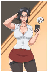 1girl agrothewanderer arm_behind_head black_hair black_thighhighs bleach blouse border breasts collarbone female_focus glasses holding holding_phone ise_nanao large_breasts medium_hair phone secretary shirt simple_background skirt thighhighs white_border