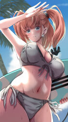 1girl anchor_hair_ornament atlanta_(kancolle) atlanta_(swimsuit)_(kancolle) bikini breasts brown_hair earrings grey_bikini grey_eyes hair_ornament highres holding holding_surfboard jewelry kantai_collection large_breasts layered_bikini long_hair looking_at_viewer navel official_alternate_costume outdoors palm_tree roku_(roku28) side-tie_bikini_bottom single_earring star_(symbol) star_earrings surfboard swimsuit tree two_side_up