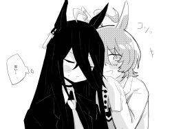 2girls agnes_tachyon_(umamusume) ahoge animal_ears blush closed_eyes closed_mouth coat crossed_bangs ear_tag earrings emphasis_lines flustered hair_between_eyes highres horse_ears horse_girl jewelry long_hair long_hair_between_eyes long_sleeves manhattan_cafe_(umamusume) medium_hair multiple_girls necktie nervous_sweating ohagi_0909 open_clothes open_coat parted_lips single_earring sleeves_past_fingers sleeves_past_wrists smile speech_bubble sweat translation_request umamusume yuri