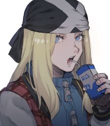 1boy axl_low bandana black_gloves blonde_hair blue_eyes blue_shirt collared_shirt drinking_straw drinking_straw_in_mouth eyelashes fingerless_gloves gloves guilty_gear guilty_gear_strive highres holding holding_milk_carton jacket kometubu0712 long_hair long_sleeves looking_at_viewer male_focus milk_carton open_clothes open_jacket open_mouth shirt simple_background solo teeth tongue white_background zipper_pull_tab