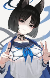 1girl aibon animal_ears black_eyes black_hair blue_archive breasts cape cat&#039;s_cradle clenched_teeth deep_skin disgust eyeliner highres kikyou_(blue_archive) large_breasts looking_at_viewer makeup nose red_eyeliner sailor_collar school_uniform serafuku shaded_face short_hair simple_background solo teeth white_background