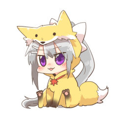 1girl :d animal_costume animal_ears animal_hood blush bow chibi fake_animal_ears fox_costume fox_ears fox_hood fox_tail grey_hair hair_between_eyes hair_bow higuchi_kaede hood hood_up lowres mole mole_under_eye nijisanji nose_blush open_mouth ponytail purple_eyes rebecca_(keinelove) shadow simple_background sitting smile solo tail virtual_youtuber white_background white_bow