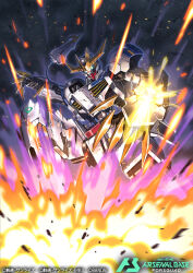amasaki_yusuke battle claws commentary_request embers explosion glowing glowing_eyes green_eyes gundam gundam_arsenal_base gundam_barbatos_lupus_rex gundam_tekketsu_no_orphans looking_at_viewer mecha mecha_focus mechanical_tail mobile_suit no_humans official_art robot science_fiction solo tail v-fin