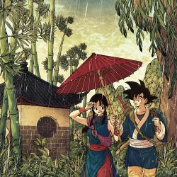 1boy 1girl architecture bamboo black_hair blue_tunic blunt_bangs chi-chi_(dragon_ball) china_dress chinese_clothes cowboy_shot dragon_ball dragon_ball_(classic) dress east_asian_architecture highres long_hair looking_at_another oil-paper_umbrella open_mouth pants pelvic_curtain rain red_pants short_hair sidelocks smile son_goku spiked_hair toriga tree tunic umbrella wristband
