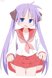 1girl absurdres blue_eyes blush breasts clothes_lift cynical_(llcbluckg_c004) highres hiiragi_kagami lifting_own_clothes long_hair lucky_star open_mouth purple_hair red_skirt ryouou_school_uniform school_uniform skirt skirt_lift sweat thighs twintails