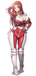 1girl breasts christina_mackenzie cleavage closed_mouth commentary_request commission dated full_body green_eyes gundam gundam_0080 highres huge_breasts long_hair looking_at_viewer mecha_pilot_suit military_uniform normal_suit_(gundam) parted_bangs red_hair simple_background skeb_commission smile solo white_background yoohi