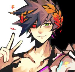 1boy black_hair black_sclera chinese_commentary closed_mouth collarbone colored_sclera commentary_request green_eyes hades_(series) hades_1 hair_between_eyes hand_up heterochromia highres laurel_crown looking_at_viewer male_focus mao_mao_lai_lou mismatched_sclera portrait red_eyes short_hair smile solo spiked_hair w zagreus_(hades)