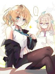 ... 2girls absurdres adjusting_clothes adjusting_necktie ahoge aqua_eyes aqua_hair black_jacket black_pantyhose blank_eyes blonde_hair blush breasts colored_inner_hair crossed_legs english_text enna_alouette falling_paper glasses hair_between_eyes highres holding holding_paper jacket jitome light_smile long_hair looking_at_viewer medium_hair millie_parfait multicolored_hair multiple_girls navel necktie nijisanji nijisanji_en office_lady pantyhose paper pencil_skirt poringo0207 purple_eyes side_ponytail single_bare_shoulder single_off_shoulder sitting skirt small_breasts sparkle speech_bubble spoken_ellipsis two-tone_hair virtual_youtuber
