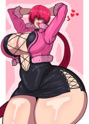 1girl ass breasts cleavage cleavage_cutout clothing_cutout curvy dress female_focus fishnets fluffy heart huge_ass huge_breasts jacket large_breasts latex leather long_hair pale_skin ponytail red_hair shermie_(kof) shingattai shiny_clothes shiny_skin skirt standing the_king_of_fighters thick_lips thick_thighs thighs tight_clothes twintails very_long_hair wide_hips
