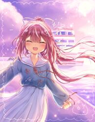 1girl 2024 :d ^_^ alternate_costume arms_at_sides blue_shirt blunt_bangs blurry blurry_background blush boat bow braid center-flap_bangs closed_eyes commentary_request cowboy_shot dated_commentary facing_viewer fang floating_hair food_print hair_between_eyes hair_bow hair_ribbon happy highres kamiyama_shiki long_hair long_skirt long_sleeves mitsuna notice_lines ocean onigiri_print open_mouth outdoors pleated_skirt ponytail red_bow red_hair red_ribbon ribbon ribbon-trimmed_sleeves ribbon_trim sailor_collar shirt sidelocks skirt sleeves_past_wrists smile solo sparkle summer_pockets sunlight sunset twin_braids very_long_hair watercraft white_bow white_ribbon white_sailor_collar white_skirt wind