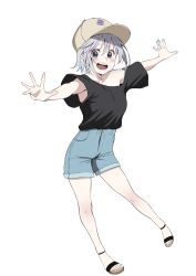 Rule 34 | 1girl, :d, alternate costume, bad id, bad pixiv id, black shirt, blush, brown headwear, chris (konosuba), collarbone, commentary request, denim, denim shorts, full body, grey background, grey eyes, grey hair, highres, izawa (bhive003), kono subarashii sekai ni shukufuku wo!, looking at viewer, open mouth, outstretched arms, sandals, shirt, shirt tucked in, short hair, short sleeves, shorts, simple background, smile, solo, teeth, tongue, upper teeth only