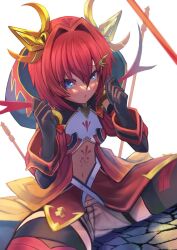 1girl amane_sora ange_katrina ange_katrina_(valkyrie_hero) black_gloves black_hood blue_eyes breasts brown_shorts clothing_cutout commentary_request cowboy_shot dutch_angle elbow_gloves foreshortening gloves hair_between_eyes hair_intakes hair_ornament hands_up highres hood hood_down leaning_forward legs_apart long_bangs looking_at_viewer navel_cutout nijisanji open_mouth planted planted_polearm polearm red_hair red_thighhighs red_wrist_cuffs shirt short_hair shorts sitting small_breasts solo spear stomach_tattoo tattoo thighhighs virtual_youtuber weapon white_background white_shirt wrist_cuffs