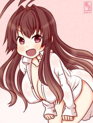1girl ahoge artist_logo blush breasts brown_eyes brown_hair collarbone cowboy_shot dated fang gradient_background huge_ahoge kanon_(kurogane_knights) kantai_collection kuma_(kancolle) large_breasts logo long_hair no_bra no_panties open_clothes open_mouth open_shirt pink_background shirt smile solo white_shirt
