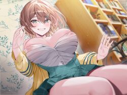 Rule 34 | 1girl, absurdres, areola slip, blurry, blurry background, blush, book, bookshelf, breasts, brown hair, clothes lift, collarbone, covered erect nipples, green skirt, grey eyes, grin, hair between eyes, hair ornament, hairclip, highres, jacket, lap pillow invitation, large breasts, long sleeves, looking at viewer, nipples, no bra, open clothes, open shirt, original, pleated skirt, sanada keisui, school uniform, see-through clothes, see-through shirt, shirt, skirt, skirt lift, smile, solo, teeth, thighs, wallpaper (object), white shirt, yellow jacket