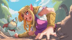 1boy 1girl absurdres armor bead_necklace beads belly blonde_hair blue_eyes blue_gemstone blush bracelet breasts cape chest_jewel circlet colored_skin commentary_request crocodilian crown donkey_kong_(series) dress fat fat_man forehead_jewel gameplay_mechanics gem green_skin highres ishijimajirou jewelry king_k._rool long_hair necklace nintendo one_eye_closed parted_bangs partially_buried pointy_ears princess_zelda red_cape red_gemstone sharp_teeth short_sleeves shoulder_armor super_smash_bros. sweatdrop teeth the_legend_of_zelda the_legend_of_zelda:_a_link_between_worlds tiara torn_clothes torn_dress triforce_print user_interface v-shaped_eyebrows vambraces