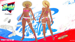 1girl absurdres ass belt bikini blonde_hair bracelet braid cammy_white character_name hat highres jewelry loose_belt official_alternate_costume official_alternate_hairstyle official_art pink_bikini reference_sheet solo strapless strapless_bikini straw_hat street_fighter street_fighter_6 swimsuit tan tanline twin_braids