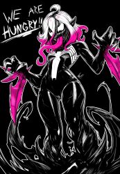 1girl absurdres ahoge breasts briar_(league_of_legends) claws english_text from_below fusion highres league_of_legends long_tongue lughost marvel multicolored_hair pink_hair pointy_ears sharp_teeth small_breasts smile spot_color teeth tongue tongue_out two-tone_hair venom_(marvel) white_hair