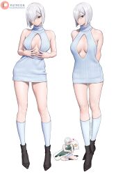 Rule 34 | 1girl, absurdres, black eyes, breasts, breasts apart, center opening, closed mouth, commentary, dakimakura (object), dismaiden, dress, english commentary, fiona frost, full body, grey dress, grey hair, hair over one eye, heart, high heels, highres, kneehighs, large breasts, multiple views, patreon logo, patreon username, pillow, short hair, simple background, socks, spy x family, standing, sweater, sweater dress, turtleneck, turtleneck sweater, twilight (spy x family), white background, white socks