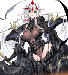1girl absurdly_long_hair absurdres aiii_(warship_girls_r) arm_up black_blindfold black_dress black_shawl blindfold blush bodice breasts cleavage collar convenient_censoring cowboy_shot dress frilled_skirt frills hair_intakes halo highres holding large_breasts long_hair looking_at_viewer orange_eyes parted_lips red_halo see-through_cleavage see-through_clothes shawl shiny_skin sketch skirt spiked_collar spikes star-shaped_pupils star_(symbol) symbol-shaped_pupils teeth thighs very_long_hair warship_girls_r white_background white_hair xiangchizhubijin