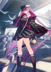 Rule 34 | 1girl, arm at side, arm behind back, arm up, belt, black boots, black cross tie, black dress, black hat, black jacket, black socks, boots, breaker gorgon, breasts, chrysaor (fate), collared shirt, cross tie, dress, expressionless, fate/grand order, fate (series), feet out of frame, game cg, hand on headwear, hand up, hat, hat ribbon, head tilt, high heel boots, high heels, holding, holding behind back, holding knife, holding weapon, holding weapon behind back, hood, hood down, hooded jacket, hotosoka, jacket, kneehighs, knife, lace-up boots, legs apart, long hair, long sidelocks, long sleeves, looking at viewer, medusa (fate), medusa (saber) (fate), medusa (saber) (first ascension) (fate), official art, open clothes, open jacket, peaked cap, pink-tinted eyewear, ponytail, purple eyes, purple hair, ribbon, rimless eyewear, round eyewear, shirt, shirt under dress, short dress, sidelocks, small breasts, socks, solo, standing, sunglasses, third-party source, tinted eyewear, variant set, very long hair, very long sidelocks, weapon, white shirt, wing collar