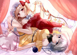 2girls absurdres alternate_costume arm_up bare_shoulders blonde_hair breasts closed_mouth detached_collar dress flandre_scarlet green_eyes green_hair hat heart heart-shaped_pillow heart_of_string highres holding holding_own_hair komeiji_koishi long_hair looking_at_viewer lying medium_breasts mob_cap moko_(mokochisa) multiple_girls off-shoulder_dress off_shoulder on_back pillow red_eyes scan short_hair smile thigh_strap third-party_source third_eye touhou white_hat wings wrist_cuffs yellow_dress