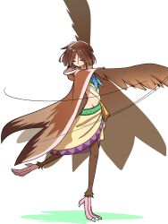 1girl bird_legs brown_cloak brown_feathers brown_hair brown_wings chirp_(mon-musu_quest!) cloak closed_eyes commentary_request dancing feathered_wings feathers harpy highres hood hood_down midriff mon-musu_quest! monster_girl navel r_nanahosi short_hair skirt smile solo standing standing_on_one_leg talons white_background winged_arms wings