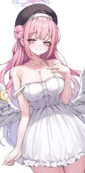 Rule 34 | 1girl, absurdres, akamin435, bare shoulders, black hat, blue archive, breasts, cleavage, closed mouth, collarbone, commentary, dress, feathered wings, hair bun, halo, hand on own chest, hat, highres, large breasts, long hair, low wings, mika (blue archive), pink hair, pink halo, simple background, smile, solo, strap slip, very long hair, white background, white dress, white wings, wings, yellow eyes