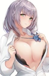 1girl absurdres black_bra blue_bow blue_bowtie blush bow bowtie bra braid breasts cleavage closed_mouth collared_shirt dress_shirt green_eyes highres hololive large_breasts long_sleeves looking_at_viewer loose_bowtie medium_hair mole mole_on_breast open_bra open_clothes open_shirt partially_unbuttoned rikiddo_(tise_00) shirogane_noel shirogane_noel_(school_uniform) shirt silver_hair simple_background solo underwear upper_body virtual_youtuber white_background white_shirt