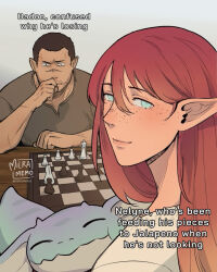 1boy 1girl animal black_hair blue_eyes board_game brown_hair brown_shirt chess chess_piece chessboard closed_mouth commentary english_commentary english_text freckles gecko grey_background hair_between_eyes long_hair meme milramemo nelyne_(milramemo) original pointy_ears shirt short_sleeves signature simple_background smile twitter_username