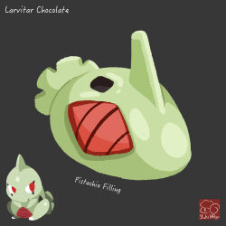arrow_(symbol) artist_logo artist_name character-themed_food character_name chocolate food food_focus food_name gen_2_pokemon grey_background highres larvitar logo nintendo no_humans pokemon pokemon_(creature) simple_background yuki00yo