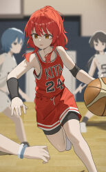 4girls absurdres armband ball basketball basketball_(object) basketball_uniform black_armband blue_hair bocchi_the_rock! bracelet brown_eyes brown_hair dddm hair_between_eyes highres holding holding_ball jewelry kita_ikuyo long_hair looking_at_another multiple_bracelets multiple_girls red_hair red_shirt red_shorts shirt shorts sleeveless sleeveless_shirt sportswear white_shirt white_shorts
