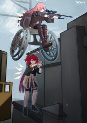 2girls absurdres arknights black_boots black_jacket black_shoes boots detached_wings exusiai_(arknights) exusiai_the_new_covenant_(arknights) grey_skirt gun halo highres holding holding_gun holding_weapon jacket lace-up_boots lemuen_(arknights) long_sleeves multiple_girls olofboost one_side_up outdoors pink_eyes pink_hair red_hair rifle shoes skirt sniper_rifle standing telekinesis thigh_boots thigh_strap thighhighs thokuma tongue tongue_out weapon wheelchair white_thighhighs wings