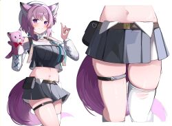 1girl absurdres animal_ears arknights black_skirt blush closed_mouth crop_top dur-nar_(arknights) dur-nar_(plush_cake)_(arknights) fox_shadow_puppet hand_puppet hands_up highres long_sleeves looking_at_viewer midriff miniskirt multiple_views navel official_alternate_costume pink_hair pink_tail pleated_skirt puppet purple_eyes purple_tail short_hair simple_background single_thighhigh skindentation skirt smile sock_puppet spam_(spamham4506) standing sweat tail thigh_strap thighhighs white_background white_thighhighs