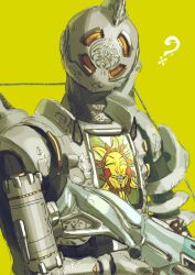 apex_legends cable gun head_tilt highres holding holding_gun holding_weapon humanoid_robot pathfinder_(apex_legends) robot science_fiction submachine_gun upper_body volt_smg war_machine_pathfinder weapon yellow_background youzu_(youzuyozu)