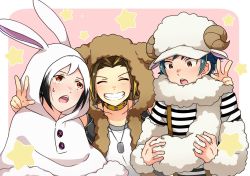 10s 3boys animal_hood brown_eyes brown_hair capelet cosplay dog_hood dog_tags double_v closed_eyes green_hair grin himeno_kanon himeno_kanon_(cosplay) hood idolmaster idolmaster_side-m igari_leo koron_chris male_focus mofumofuen multicolored_hair multiple_boys niki_(nikism1987) okamura_nao okamura_nao_(cosplay) rabbit_hood red_eyes sheep_hat shiraishi_eru smile streaked_hair sweatdrop tachibana_shiro_(idolmaster)_(cosplay) tachibana_shiro_(idolmaster) two-tone_hair upper_body v vest white_hair wool