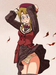 1girl alternate_hairstyle beret black-framed_eyewear black_thighhighs bow bow_panties brown_dress brown_eyes brown_hair brown_panties clothes_lift collared_dress cowboy_shot crotch_seam dress dress_lift frown glasses hair_up hands_on_headwear hat highres idolmaster idolmaster_million_live! jewelry leaf lielos medium_hair miyao_miya neck_ribbon necklace open_mouth panties pants pantyshot plaid_clothes plaid_pants purple_hat ribbon round_eyewear short_dress skirt skirt_lift solo standing thighhighs underwear wind wind_lift yellow_bow