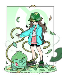 1girl absurdres bike_shorts brown_eyes brown_hair bulbasaur fang full_body gen_1_pokemon green_headwear green_jacket highres holding holding_poke_ball jacket leaf leaf_(pokemon) leaf_(sygna_suit)_(pokemon) lywslanket nintendo official_alternate_costume one_eye_closed poke_ball poke_ball_(basic) pokemon pokemon_masters_ex red_eyes smile vine_whip