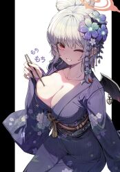 1girl black_sash blue_archive blue_kimono blush breasts chopsticks cleavage commentary_request ddangbi demon_horns floral_print floral_print_kimono hair_bun hair_ornament halo haruna_(blue_archive) haruna_(new_year)_(blue_archive) highres holding holding_chopsticks horns japanese_clothes kimono large_breasts letterboxed looking_at_viewer multicolored_hair official_alternate_costume official_alternate_hairstyle one_eye_closed outside_border print_kimono red_eyes red_hair red_halo red_streaks sash single_hair_bun single_wing smile solo sound_effects streaked_hair translation_request white_hair wide_sleeves wings