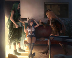 3girls absurdres animal_ears ankle_boots arknights arm_up baggy_pants bare_arms bare_shoulders black_boots black_horns black_pants black_shirt black_shorts black_skirt black_socks blazer blonde_hair boots ch&#039;en_(arknights) collared_shirt commentary couch day english_commentary eye_contact full_body green_hair grey_eyes hair_between_eyes hat high_heel_boots high_heels highres holding holding_paper horns hoshiguma_(arknights) indoors jacket kneehighs lapels light_particles long_hair long_sleeves looking_at_another medium_hair miniskirt multiple_girls necktie on_couch open_mouth over-kneehighs pants paper pencil_skirt plant potted_plant profile purple_hair red_eyes shirt short_shorts shorts side_slit sitting skirt sleeveless sleeveless_shirt socks standing sunlight swire_(arknights) thighhighs turtleneck turtleneck_shirt twckb white_shirt yellow_necktie