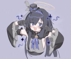 1girl armpits bare_shoulders black_gloves black_hair blue_archive blue_eyes blush cosplay cropped_torso detached_sleeves flat_chest gloves hair_between_eyes hairband halo hands_up hat headband highres looking_at_viewer mini_hat mini_top_hat nemo_(leafnight) nervous_sweating open_mouth portrait purple_background purple_eyes ringed_eyes sakurako_(blue_archive) sakurako_(blue_archive)_(cosplay) sakurako_(idol)_(blue_archive) shirt simple_background sleeveless sleeveless_shirt solo sparkle sweat top_hat ui_(blue_archive) upper_body v v_over_eye