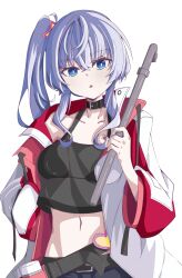 1girl absurdres alternate_hairstyle belt_collar black_tank_top blue_eyes breasts bright_pupils collar collarbone commentary cosplay counter:side crop_top grey_hair hair_between_eyes hand_in_pocket heart_ornament highres holding holding_lead_pipe horizon_(counter:side) isru jacket lead_pipe long_hair long_sleeves looking_at_viewer medium_breasts midriff multicolored_jacket navel rachel_dodds rachel_dodds_(cosplay) red_jacket side_ponytail simple_background single_off_shoulder solo stomach tank_top triangle_mouth two-tone_jacket white_background white_jacket white_pupils