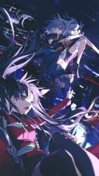 1boy 3girls archer_(fate) black_coat black_gloves black_hair black_thighhighs carrying coat crossover eye_reflection fate/stay_night fate/unlimited_blade_works fate_(series) firefly_(honkai:_star_rail) floating_hair gloves grey_hair guest_art highres honkai:_star_rail honkai_(series) itefu long_sleeves multiple_girls night night_sky open_mouth parted_lips princess_carry red_shirt reflection shirt sky stelle_(honkai:_star_rail) thighhighs tohsaka_rin trailblazer_(honkai:_star_rail) yellow_eyes