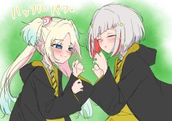 2girls :o alternate_universe black_cloak blonde_hair blue_eyes blue_hair bob_cut cardigan cloak closed_eyes closed_mouth collared_shirt colored_inner_hair commentary diagonal-striped_clothes diagonal-striped_necktie diagonal_bangs dress_shirt flower gradient_hair green_background grey_hair grey_shirt hair_flower hair_ornament harry_potter_(series) highres hogwarts_school_uniform hood hooded_cloak hufflepuff inverted_bob light_blue_hair link!_like!_love_live! long_hair long_sleeves love_live! multicolored_hair multiple_girls necktie open_mouth osawa_rurino othiwo parted_bangs pink_flower red_hair school_uniform shirt short_hair smile split_mouth star_(symbol) star_hair_ornament streaked_hair striped_clothes translated twintails upper_body virtual_youtuber wizarding_world yellow_cardigan yellow_necktie yugiri_tsuzuri