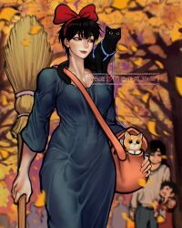 1girl animal autumn_leaves ayaki_blade black_hair bow breasts broom cat cleavage cosplay dress hair_bow halloween halloween_costume highres kiki_(majo_no_takkyuubin)_(cosplay) leaf majo_no_takkyuubin non-web_source short_hair tomoka_(ayaki_blade)