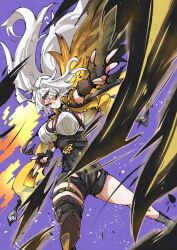 1girl asymmetrical_gloves black_gloves black_shorts black_thighhighs breasts elbow_gloves fingerless_gloves floating_hair gloves high-waist_shorts holding_ofuda jacket large_breasts nodachi_(nodati51) shorts single_elbow_glove single_thighhigh smile thighhighs uneven_gloves white_hair yellow_eyes yellow_jacket yixuan_(zenless_zone_zero) zenless_zone_zero