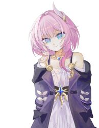 1girl blue_eyes coat commentary_request cyrene_(honkai:_star_rail) dress hair_ornament highres honkai:_star_rail honkai_(series) jewelry looking_at_viewer medium_hair multicolored_hair necklace pink_hair pink_pupils purple_coat simple_background smile solo two-tone_hair uoooo114 white_background white_dress white_hair