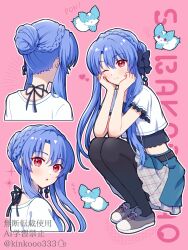 Rule 34 | 1girl, ;), ?, animal print, belt, black belt, black bow, black pantyhose, blue hair, blue skirt, blush, bow, braid, butterfly print, character name, closed mouth, commentary, cross-laced shoes, crown braid, eyes visible through hair, from behind, from side, full body, grey shoes, hair between eyes, hair bow, hair bun, hands on own cheeks, hands on own face, hands up, happy, heart, highres, inari (summer pockets), long hair, looking at viewer, looking back, midriff, miniskirt, multiple views, nape, one eye closed, outline, pantyhose, pink background, piyo (kinkooo333), red eyes, shirt, shoes, short sleeves, sidelocks, simple background, single hair bun, skirt, sleeping, smile, sneakers, sorakado ao, split mouth, squatting, straight hair, summer pockets, twitter username, upper body, very long hair, watermark, white outline, white shirt, zzz