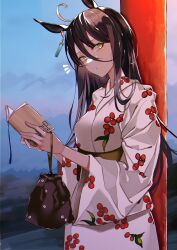 Rule 34 | 1girl, absurdres, animal ears, bag, book, ear tag, earrings, hair between eyes, highres, holding, holding bag, holding book, horse ears, horse girl, japanese clothes, jewelry, kimono, long bangs, long hair, long hair between eyes, manhattan cafe (umamusume), print kimono, reading, sas (ls08b), single earring, solo, umamusume, white kimono, yellow eyes